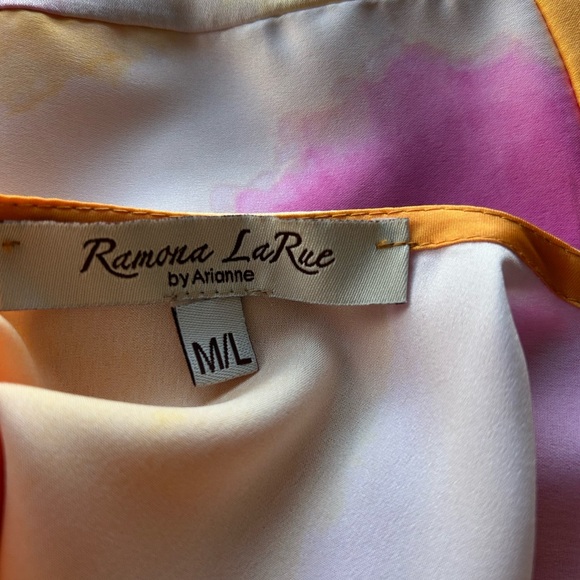 Ramona LaRue Multicolor Satin Blouse Kimono Sleeve Drawstring Excellent Size M/L - Picture 6 of 9